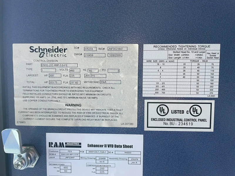 Ram Industries Screw Compressor Motor Starter (200 HP, 460 Volt, 60 Hz)