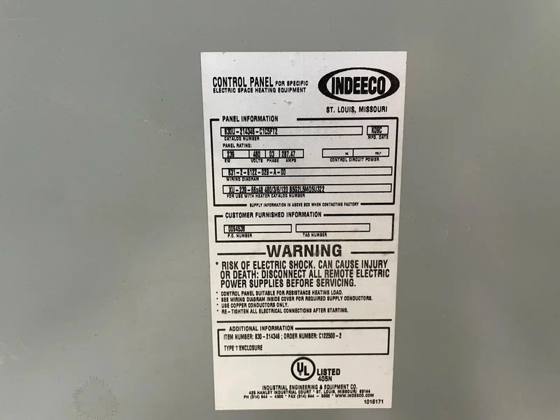 Indeeco Control Panel (480 Volts, 3 Ph, 287.47 Amps)