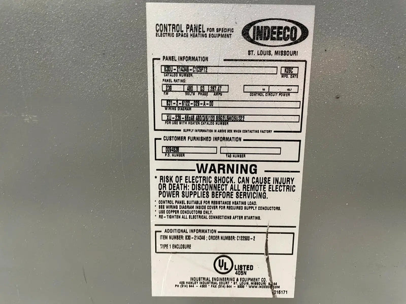 Indeeco Control Panel (480 Volts, 3 Ph, 287.47 AMPS