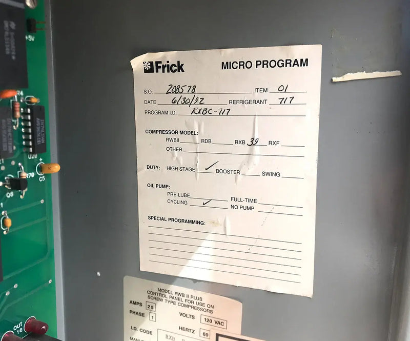 Frick RXB-39 Rotary Screw Compressor Package (Frick XJS120L, 100 HP 208-230/460 V, Frick Micro Control Panel)