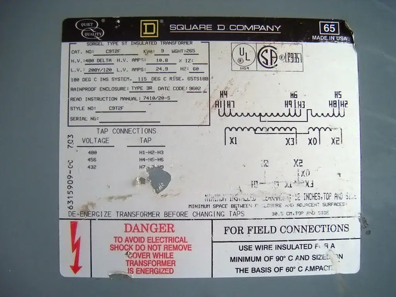 Square D Company Transformer - 9 KVA