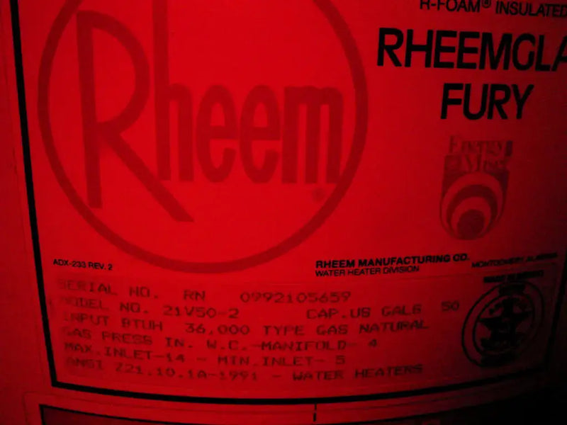 Rheem Manufacturing Co. Rheemglas Fury Hot Water Heater - 36,000 BTUH