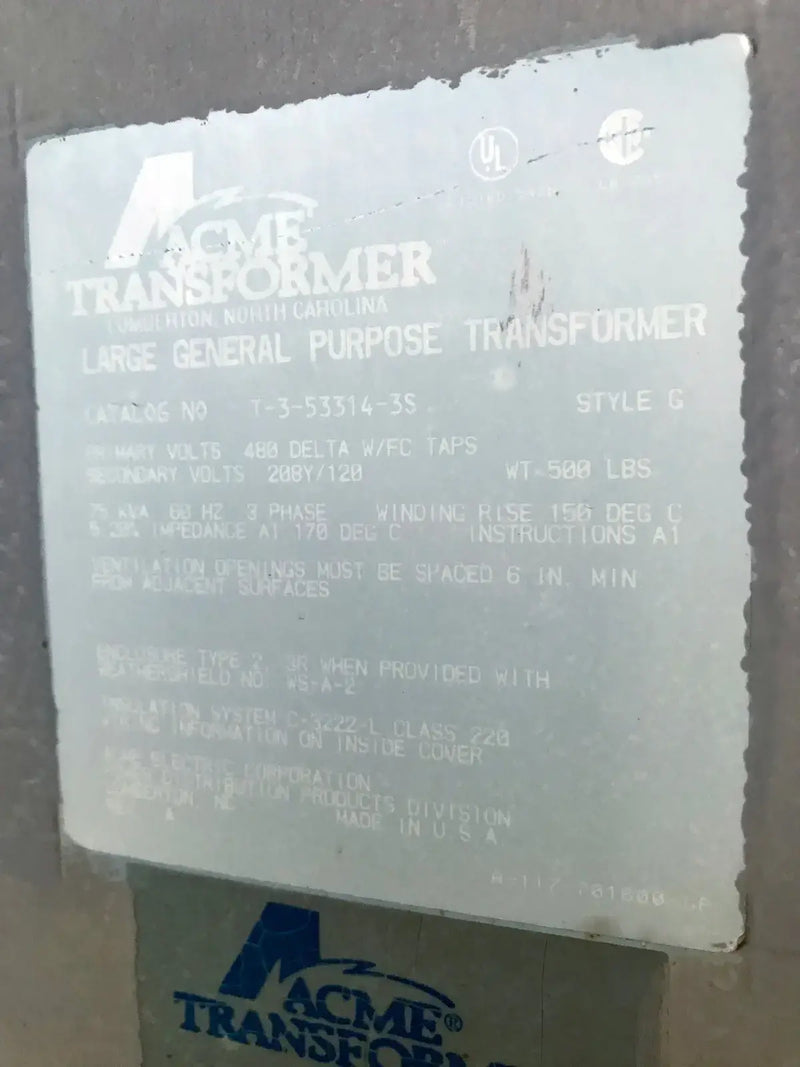 ACME Electrical Transformer ( 75 KVA, 3 Ph, 480/208 Volts )