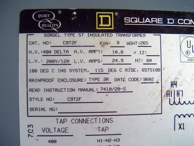 Square D Company Transformer - 9 KVA