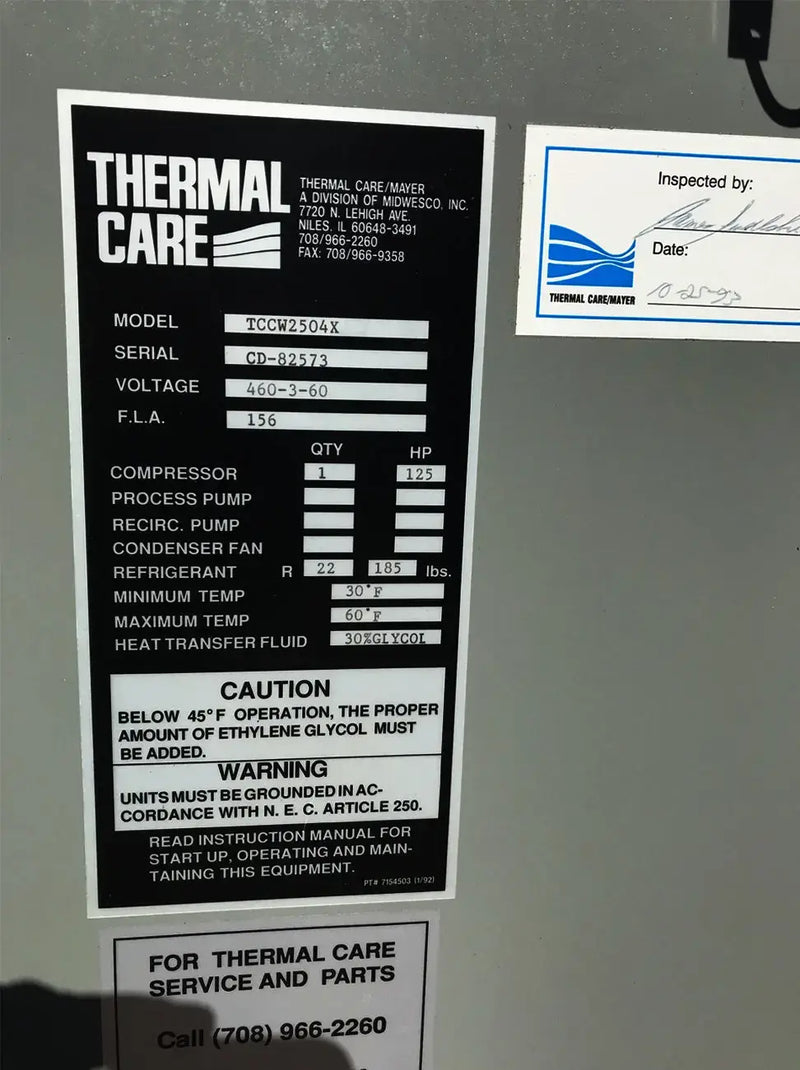 Thermal Care Water Cooled Chiller Skid - 125 HP