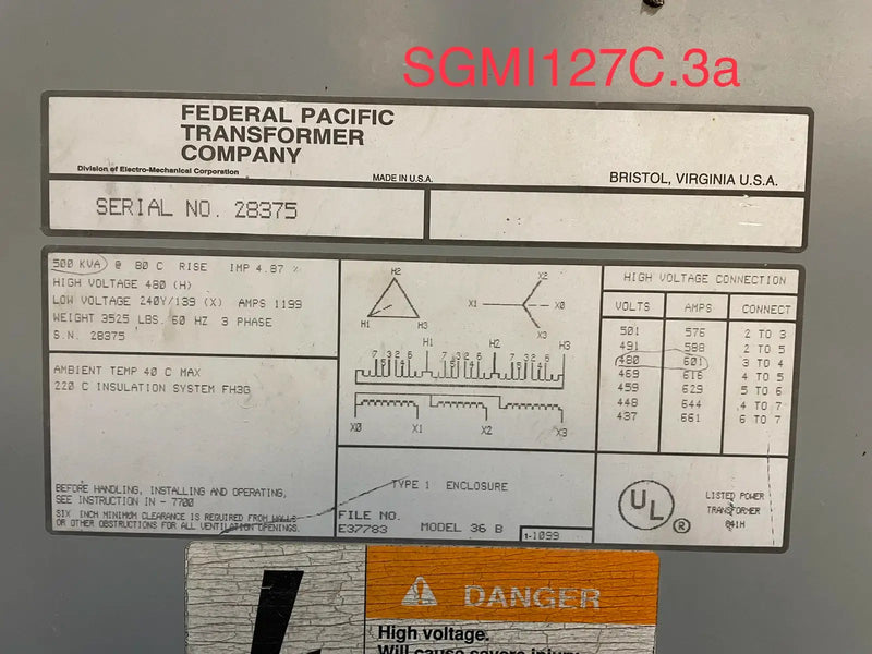 Federal Pacific Transformer - 500 KVA