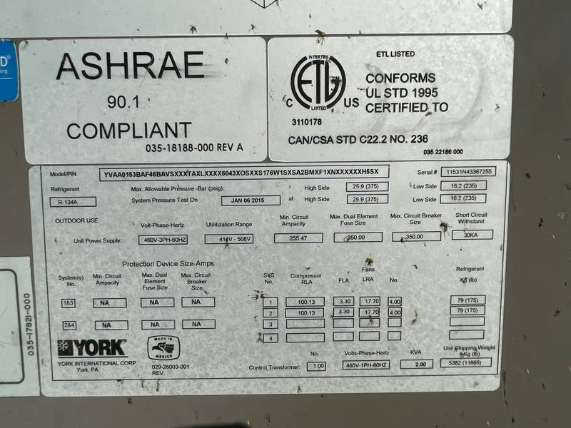 Enfriador refrigerado por aire York YVAA0153BAF46 (150 toneladas)