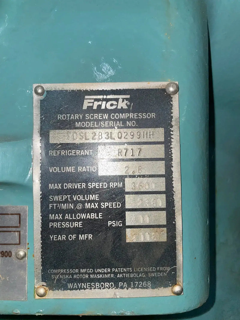 Paquete de compresor de tornillo rotativo Frick RDB-399B (Frick TDSL283L, 300 HP, 460 V, panel de control Frick Quantum HD)
