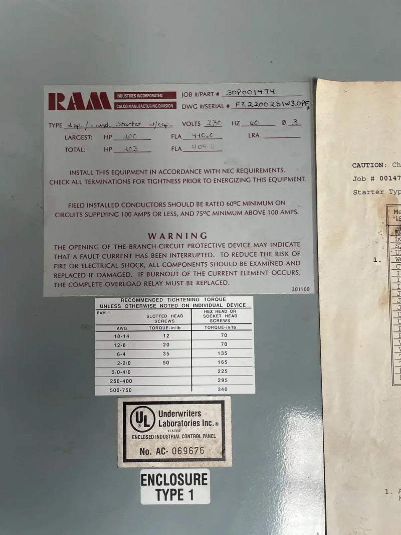 Ram Industries Screw Compressor Motor Starter (200 HP, 230 Volts)