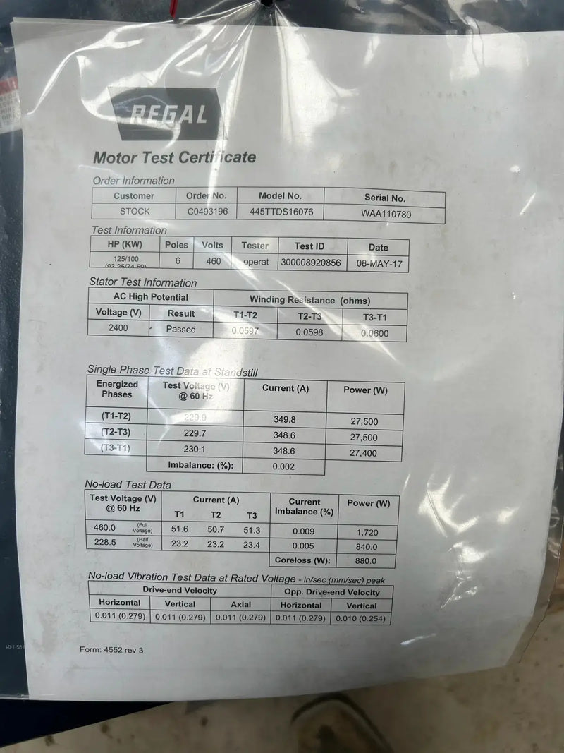 Marathon 445TTDS16076AN Electric Motor (125 HP, 1,190 RPM, 460 V)