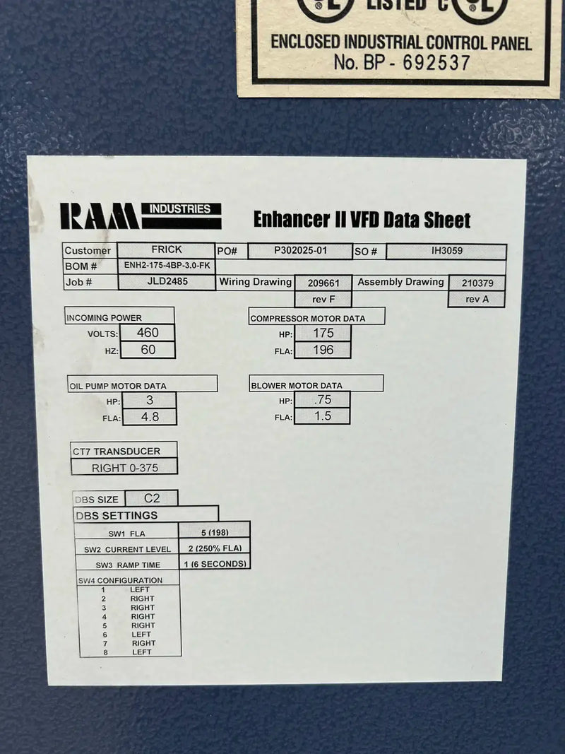 Ram Industries Screw Compressor Motor Starter (175 HP, 460 Volts, 60 Hz)