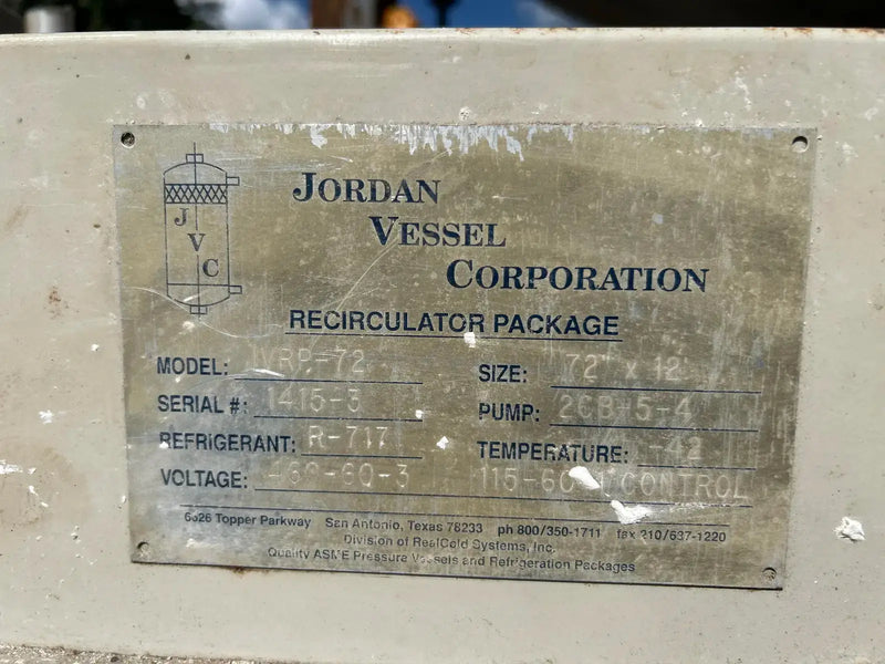Recirculador de amoníaco vertical Jordan Vessel Corporation VCR-72-12 (72 pulgadas x 148 pulgadas, 3455 galones, 2 bombas de 5 HP).