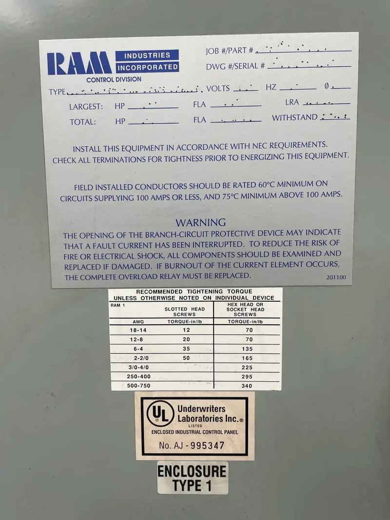 Ram Industries Screw Compressor Motor Starter (200 HP, 460 Volts, 60 Hz)