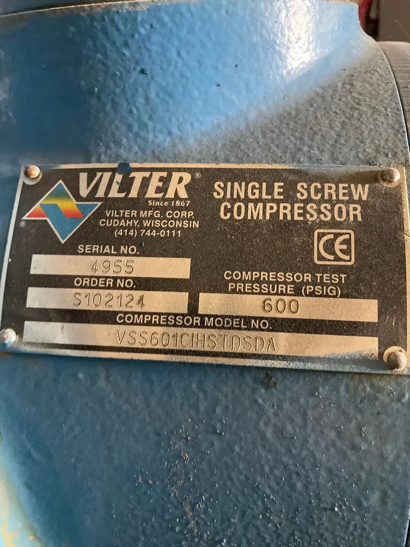 Paquete de compresor de tornillo rotativo Vilter VSS-601 (COMPRESOR DE TORNILLO FALTANTE, 250 HP, 460 V, panel de control micro M&amp;M)