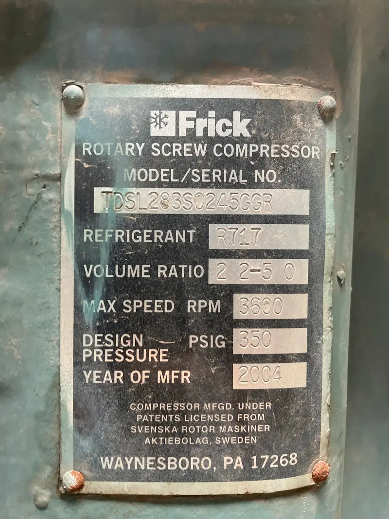 Paquete de compresor de tornillo rotativo Frick RDB-316 (Frick TDSL283S, 250 HP 460 V, panel de control Frick Micro)