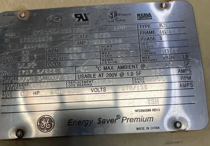 General Electric 5KS365ATE115A Electric Motor (100 Hp, 3570 RPM, 230/460 V)