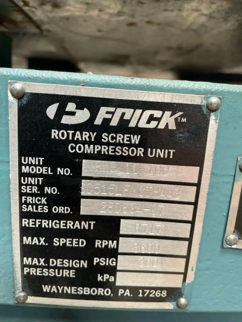 Paquete de compresor de tornillo rotativo Frick RWB-II-100 (Frick TDSH193S, 200 HP 460 V, panel de control Logix UL)