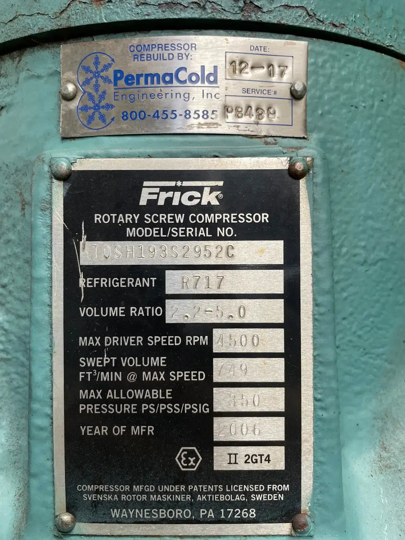 Paquete de compresor de tornillo rotativo Frick RWB-II-100 (Frick TDSH193S, 200 HP 460 V, panel de control Logix UL)