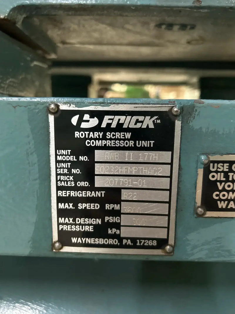 Paquete de compresor de tornillo rotativo Frick RWB-II-177H (Frick TDSH233S, 400 HP 460 V, panel de control micro Frick RWB-II Plus)