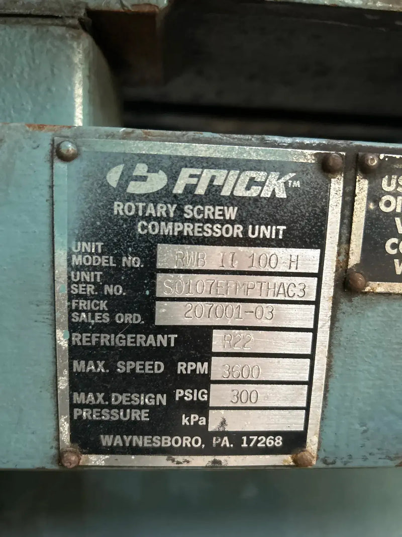 Paquete de compresor de tornillo rotativo Frick RWB-II-100H (Frick TDSH193S, 200 HP, 230/460 V, panel de control micro Frick RWB II Plus)