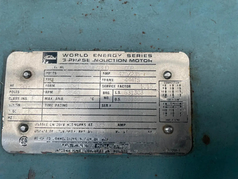 Toshiba 3-Phase Induction Motor (200 HP, 3540 RPM, 230/460V)