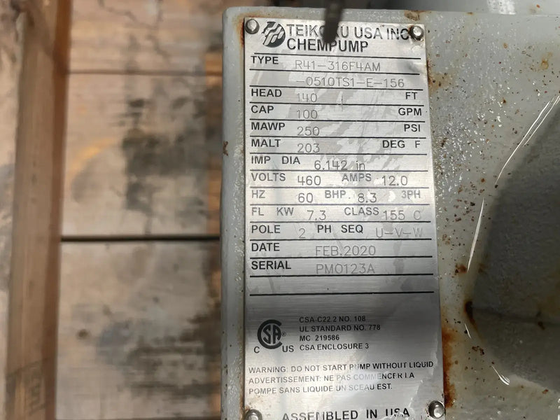 Teikoku R41-316F4AM-0510TS1-E-156 Refrigeration Centrifugal Pump (9.7 HP, 100 GPM Max)