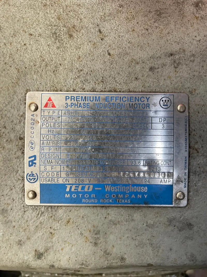 Motor de Inducción Eléctrico Trifásico Teco (75 HP, 1,775 RPM, 230/460 V)