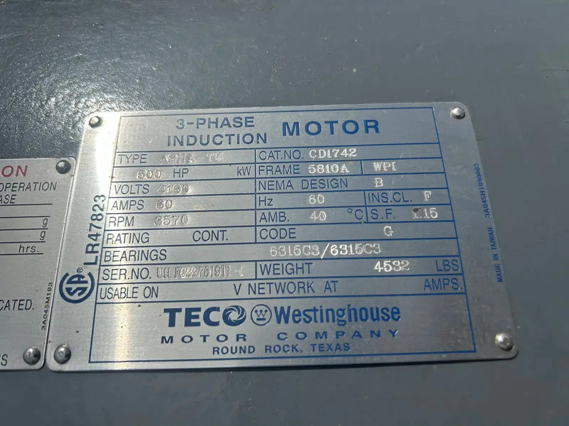 Teco-Westinghouse 3-Phase Induction Electric Motor (500 HP, 3570 RPM, 4160 V)