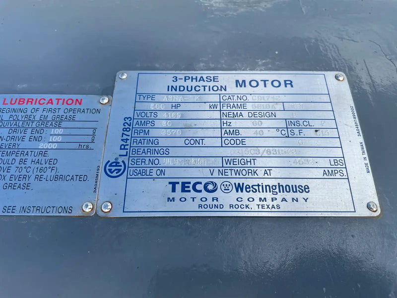 Teco-Westinghouse Induction Electric Motor (500 HP, 3570, 4160 V)