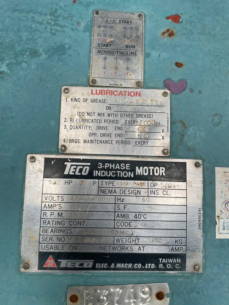 Teco 3-Phase Induction Electric Motor (500 HP, 3560 RPM, 2300/4160 V)