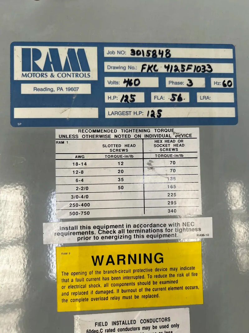 Ram Industries Screw Compressor Motor Starter (125 HP, 460 Volts, 60 Hz)