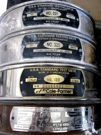 Various Laboratory Test Sieves by Endecotts Ltd., Cole-Palmer, and W.S. Tyler Inc.