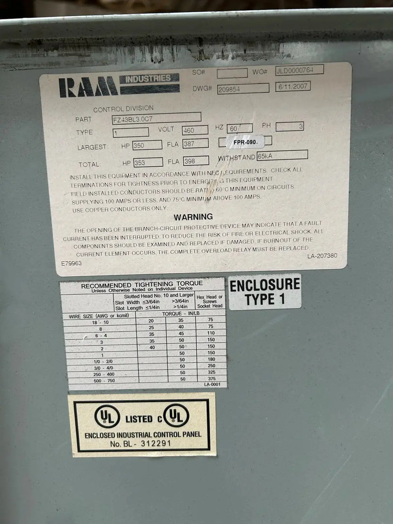 Ram Industries Screw Compressor Motor Starter (350 Hp, 460 Volt, 60 Hz)