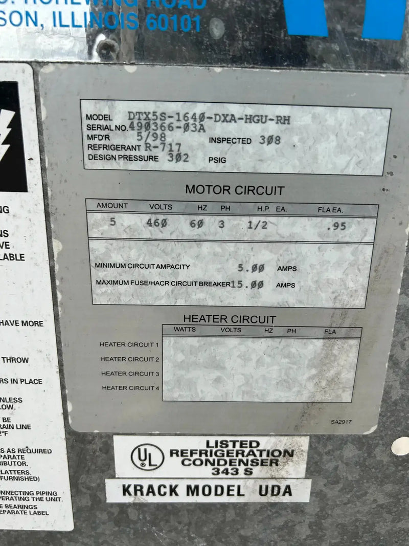 Krack DTX5S-1640-DXA-HGU-RH Ammonia Evaporator Coil - 13.6 TR, 5 Fans (Low Temperature)