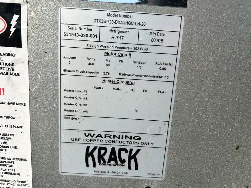 Krack DTX3S-720-DXA-IHGC-LH-20 Ammonia Evaporator Coil - 6 TR, 3 Fans (Low Temperature)
