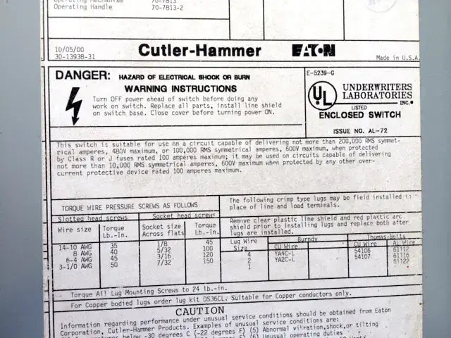 Cutler-Hammer / Eaton Heavy Duty Safety Switch - 100 Amp