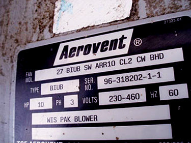 1996 Aerovent Centrifugal Inclined Utility Blower – 10 HP Areovent 