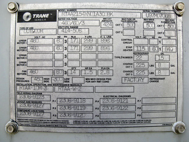 1997 Trane Air Cooled Liquid Chiller- 215 Tons Trane 