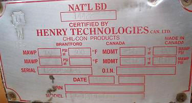 2002 Henry Technologies Chilcon Ammonia Receiver - 18 Gallons Henry Technologies Chilcon 