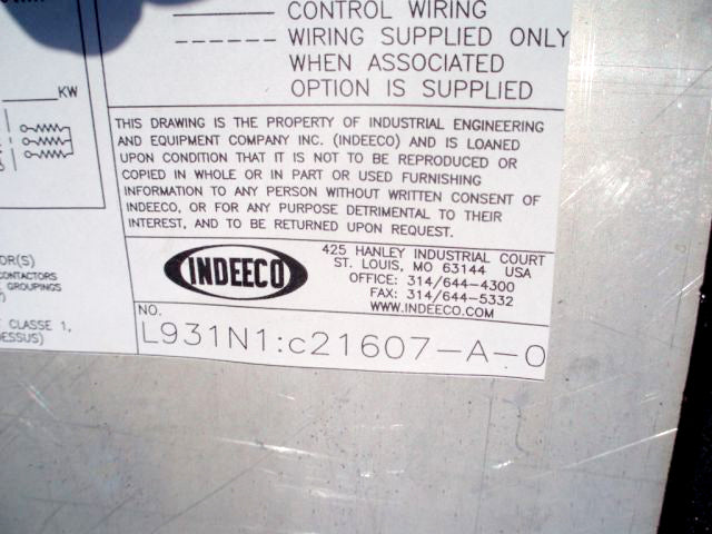 2004 Indeeco Electric Duct Heater Indeeco 