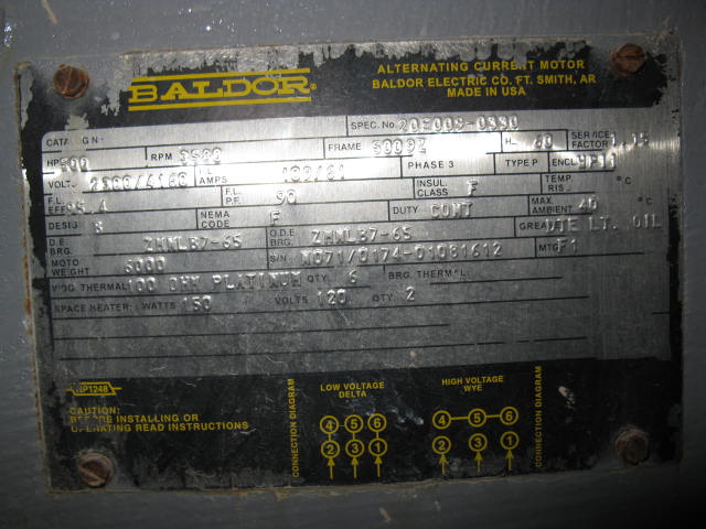 2300 / 4160 V Baldor Electric Motor - 500 HP Baldor 