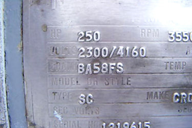 2300 / 4160 V Elliot Company Electrical Motor- 250 HP Elliot Company 