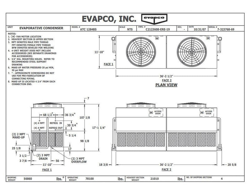 642 Ton - 2007 Evapco ATC-1284B Evaporative Condenser Tower (1 tower unit) Evapco 