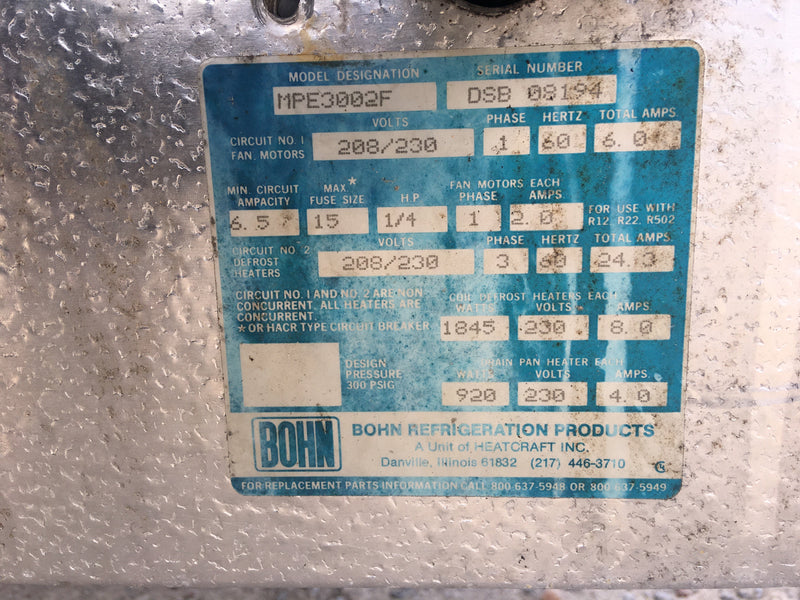 Bohn (Heatcraft) MPE3002F Freon Evaporator Coil- 3.75TR, 3 Fans (Medium Temperature) Bohn 