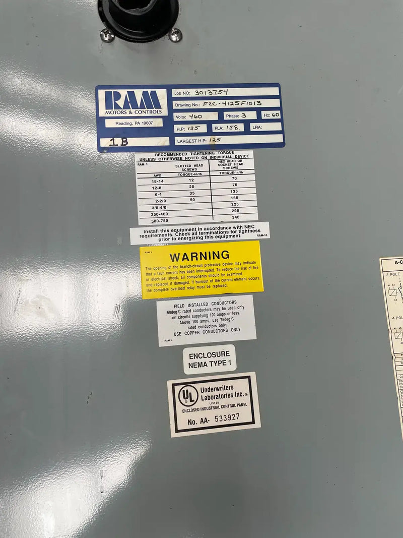 Ram Industries Screw Compressor Motor Starter (125 HP, 460V, 60 Hz)
