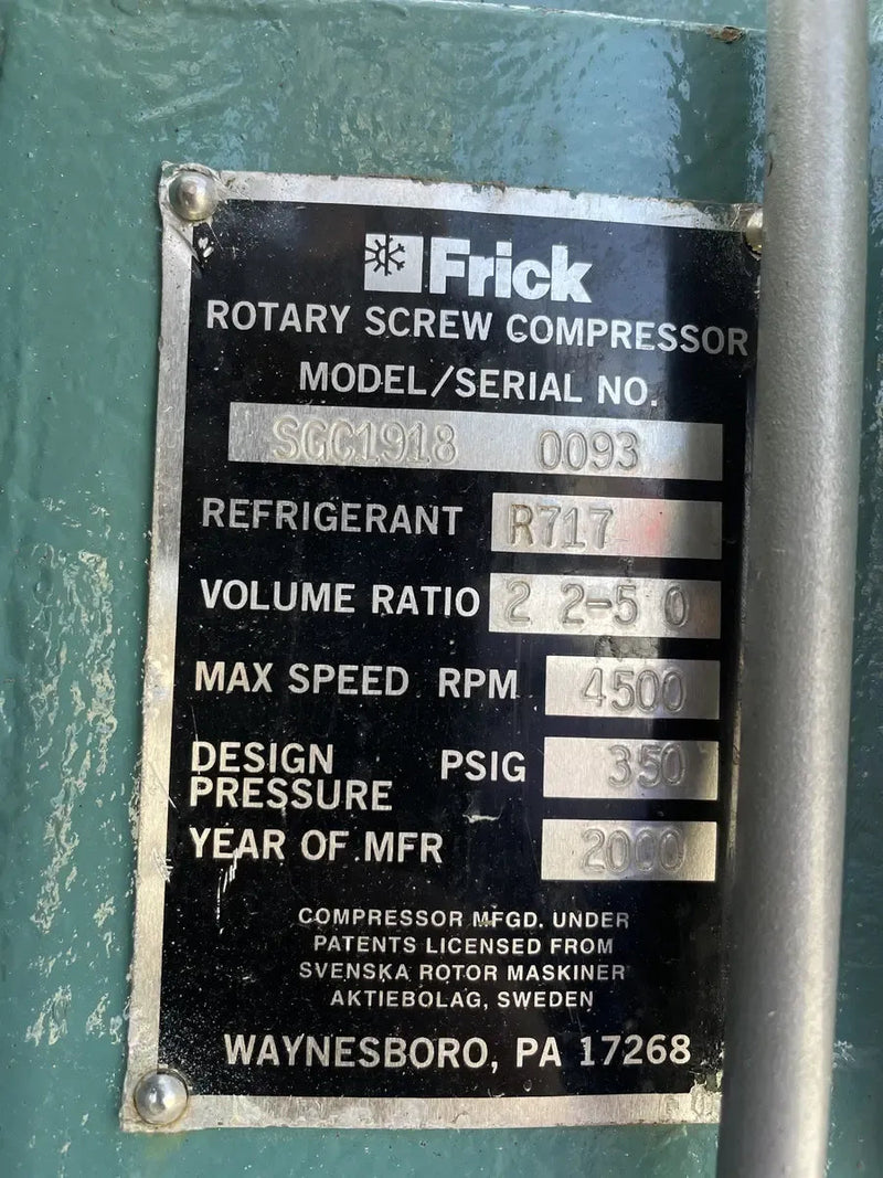 Paquete de compresor de tornillo rotativo Frick RWE-134-E (Frick SGC1918, 250 HP 460 V, panel de control Frick Micro)