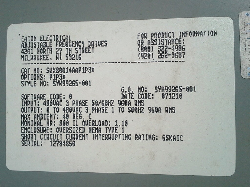 Eaton SVX 9000 Adjustable Frequency Drive Starters - 800 HP Eaton 