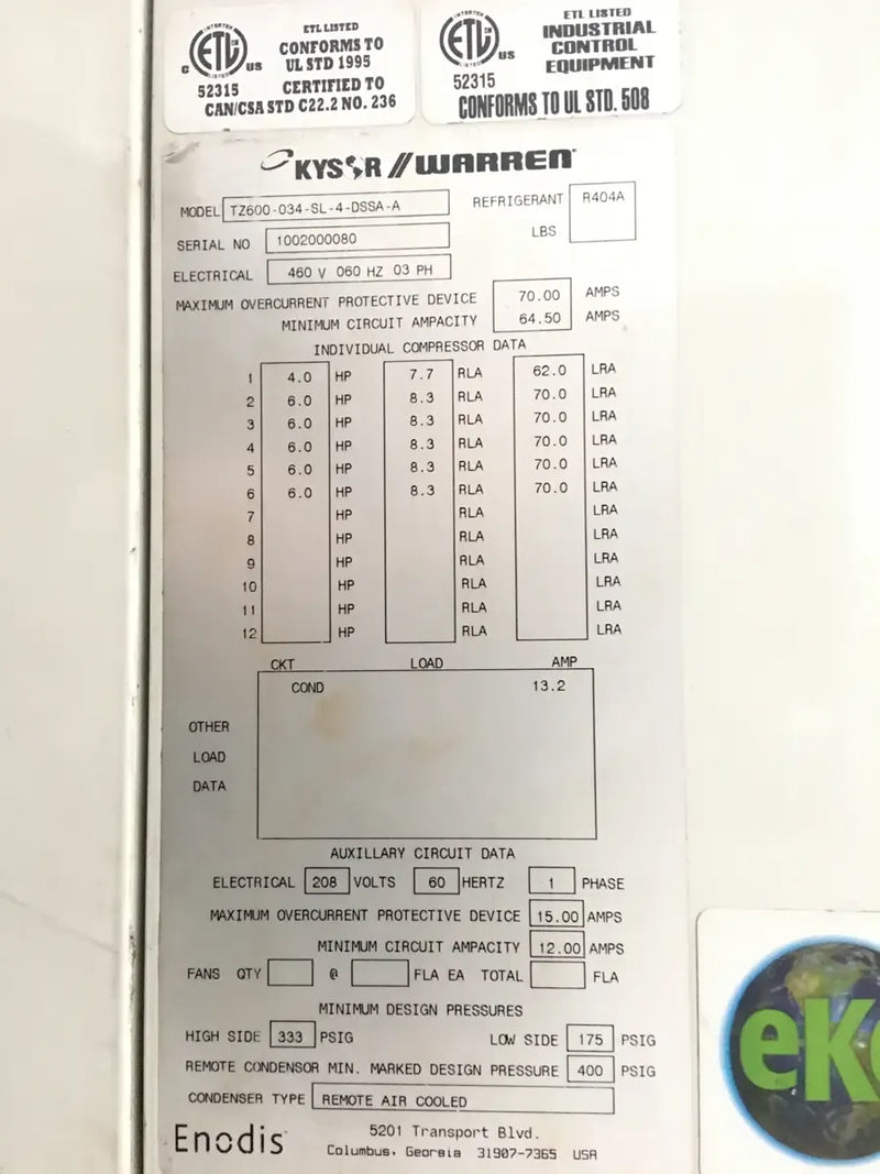 Kysor/Warren TZ600-034-SL-4-DSSA-A Motor Control Center - HP