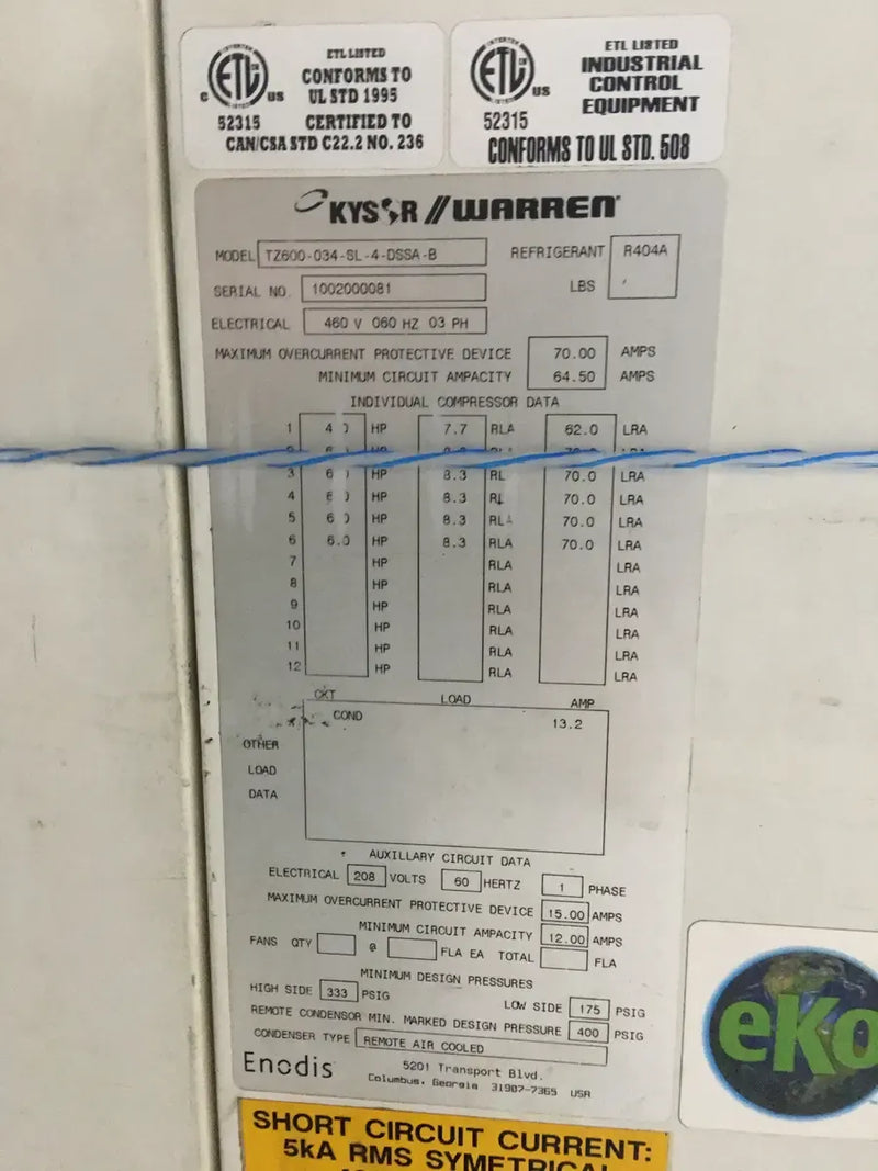 Kysor/Warren TZ600-034-SL-4-DSSA-B Motor Control Center - HP