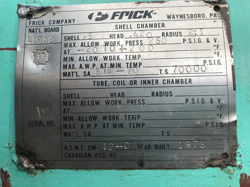 Frick Horizontal Ammonia Receiver Vessel - 1200 gallons Frick 